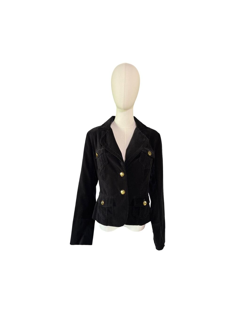 Twentyone Black Velvet Blazer Gold Crest Buttons Women’s Size L Elegant Jacket